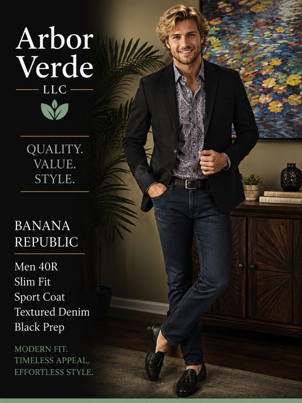 Banana Republic Men 40R Slim fit Sport coat textured denim Black Prep